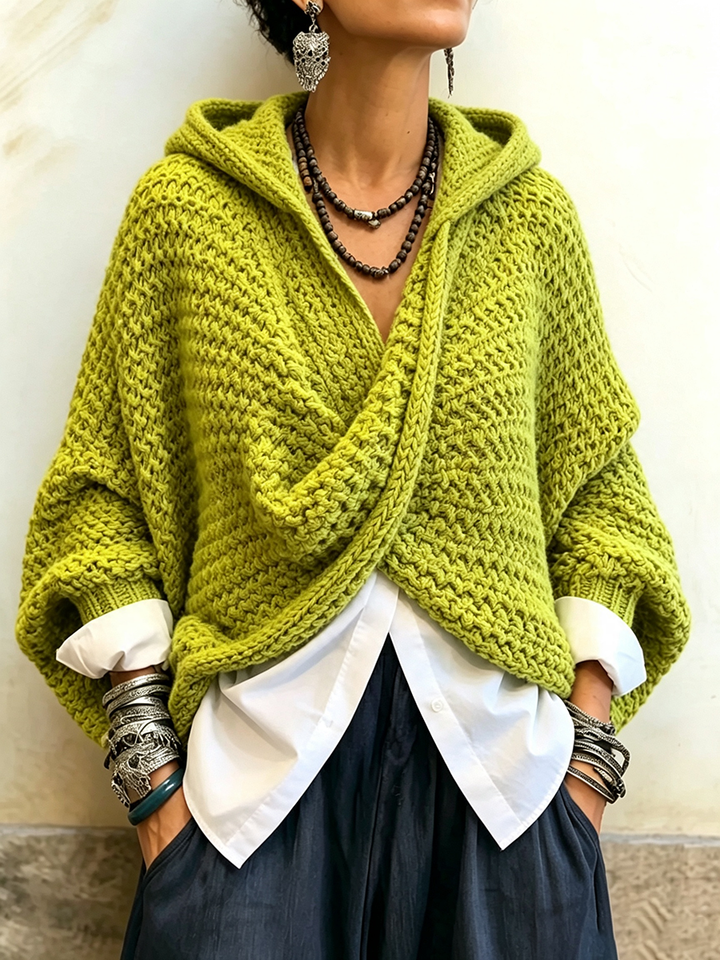 Elara™ | Relaxed Knitted Crossover Hooded Sweater