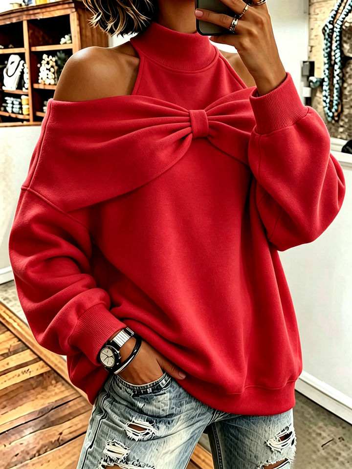 Liora™ | Oversized Bow Detail Mock Neck Sweatshirt