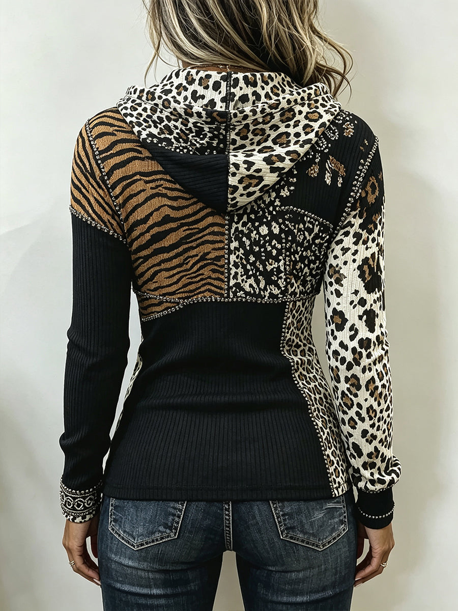Lucy™ | Chic Animal Patchwork Print Ribbed Hooded Top