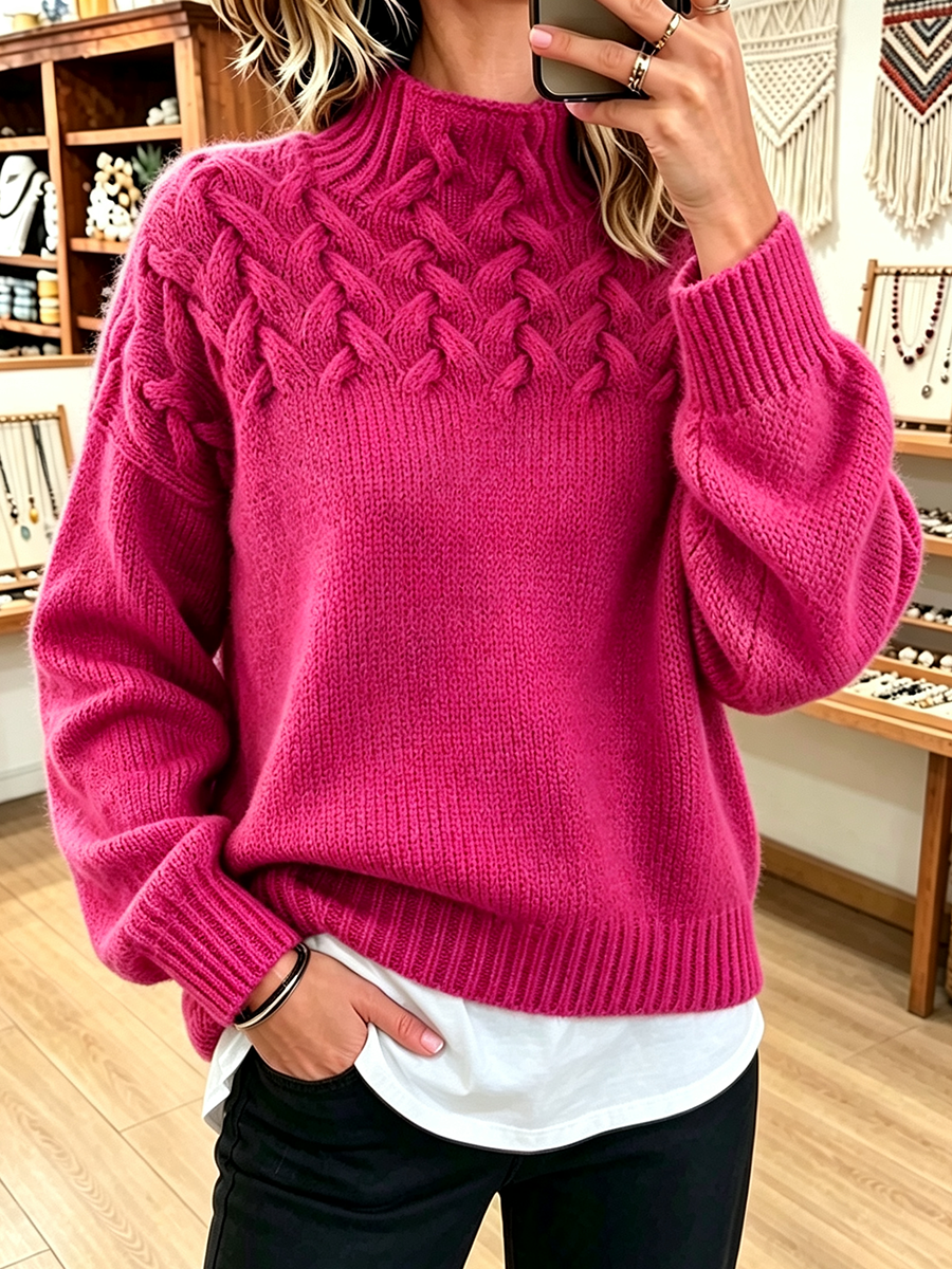 Fiona™ | Basketweave Cable Knit Mock Neck Sweater