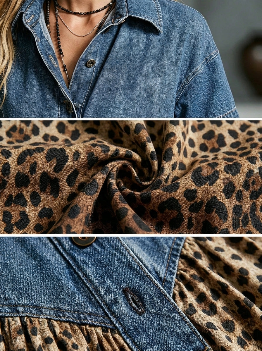 Kaia™ | Gradient Leopard Denim Shirt Midi Dress