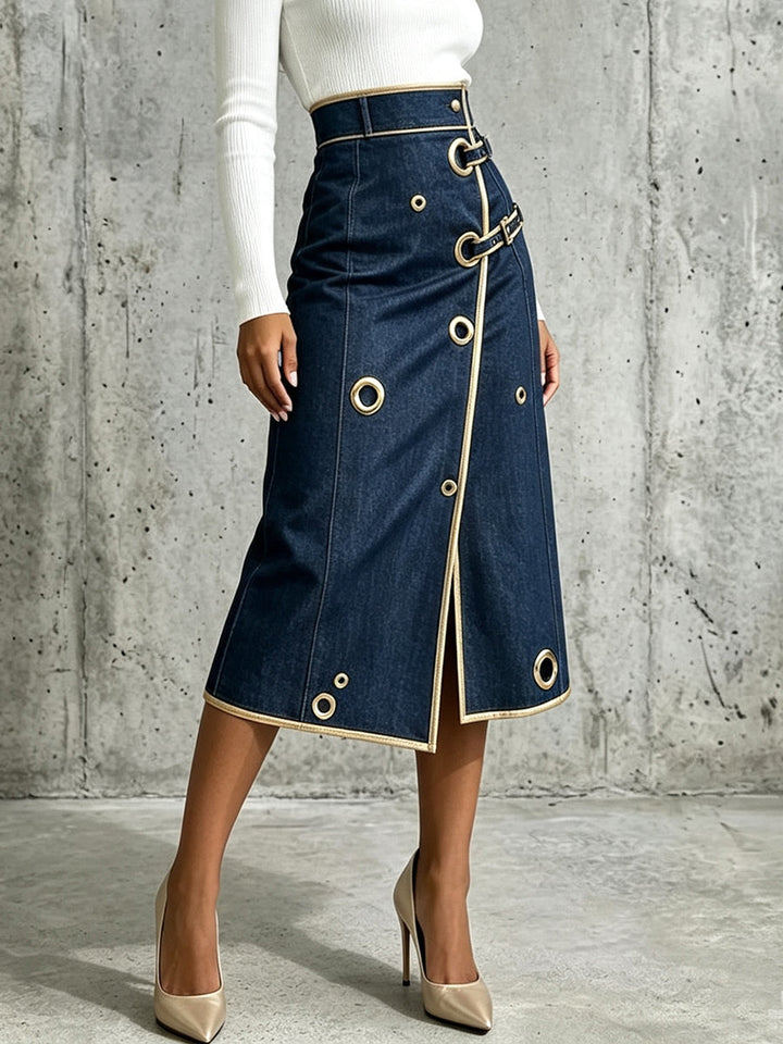 Penelope™ | Chic And Refined Denim Midi Skirt With Gold Piping.