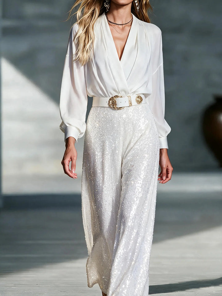 Mirelle™ | Sequin V-Neck Belted Evening Jumpsuit