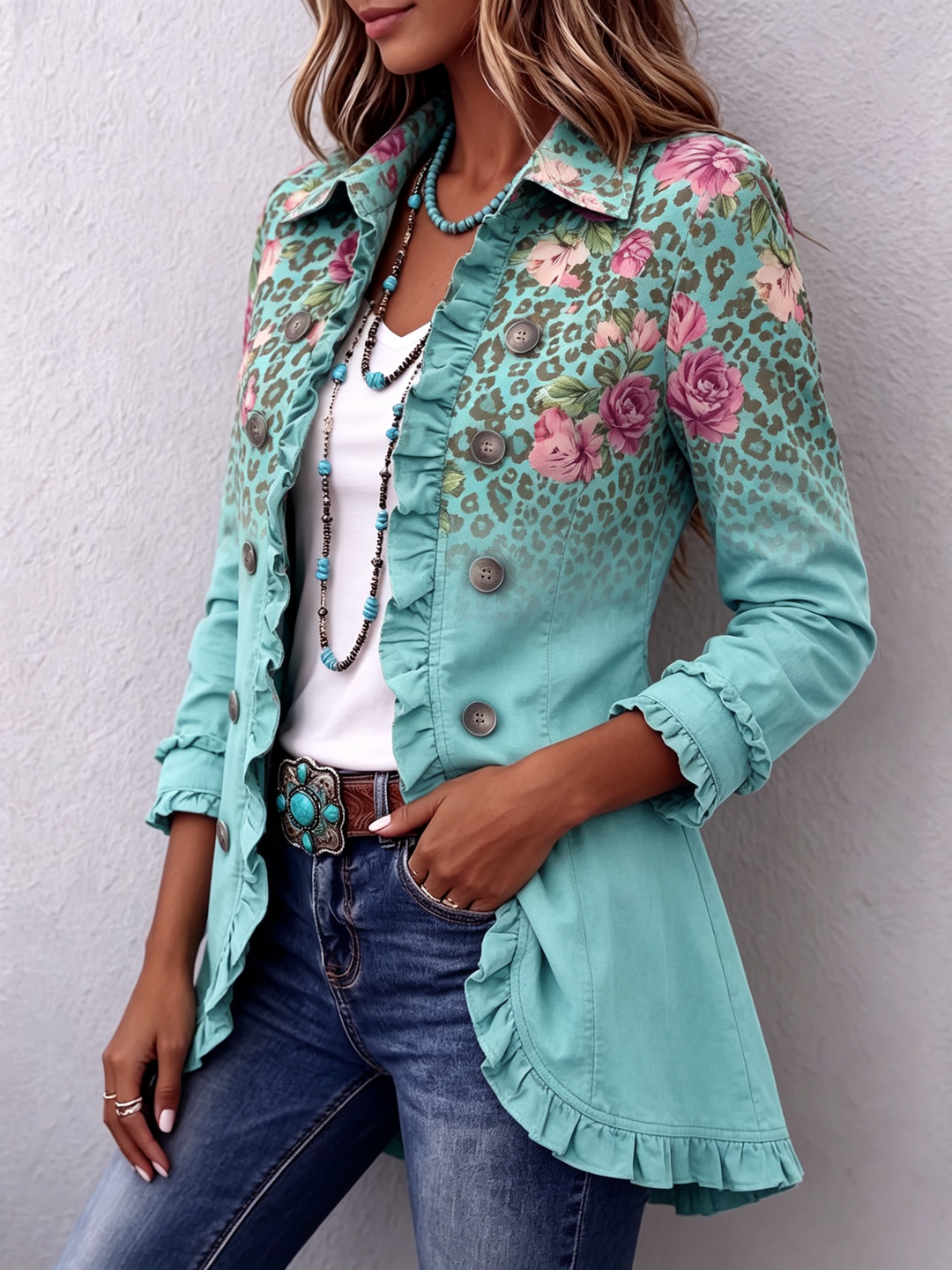 Estelle™ | Floral Leopard Retro Ruffle Jacket