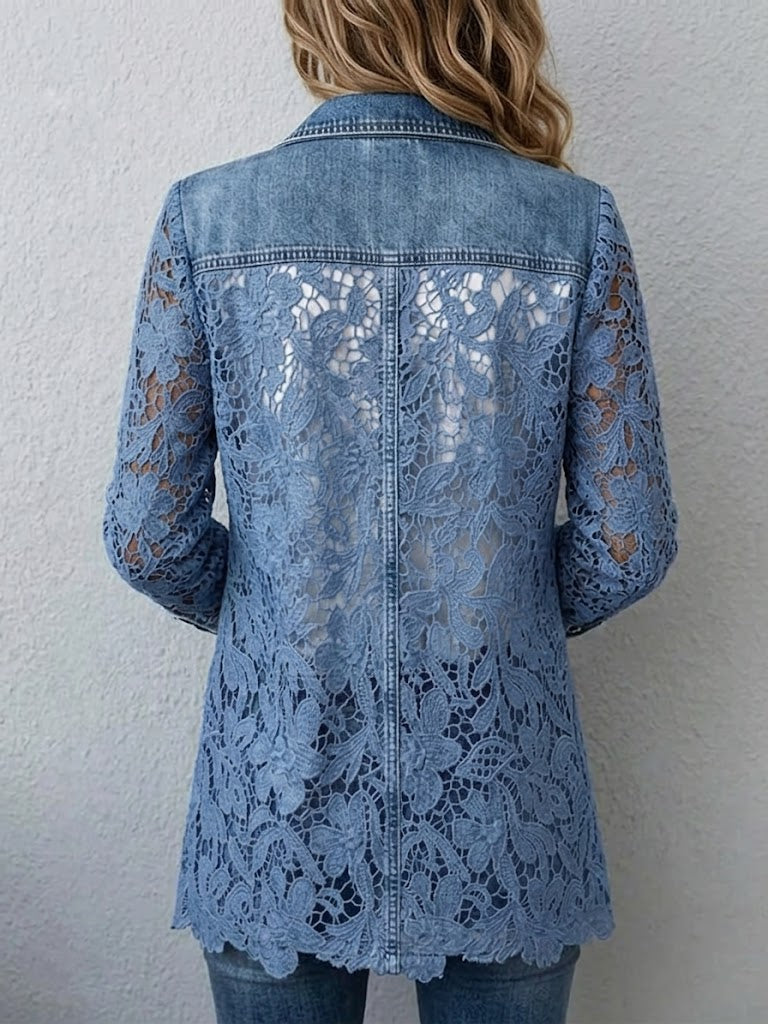 Adeline™ | 3D Lace Panel Casual Denim Jacket