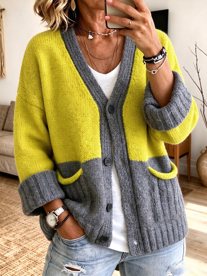 Avery™ | Color-Blocked V-Neck Knit Cardigan