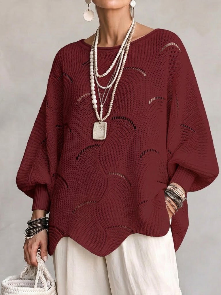 Esme™ | Openwork Wave Lantern Sleeve Knit Top