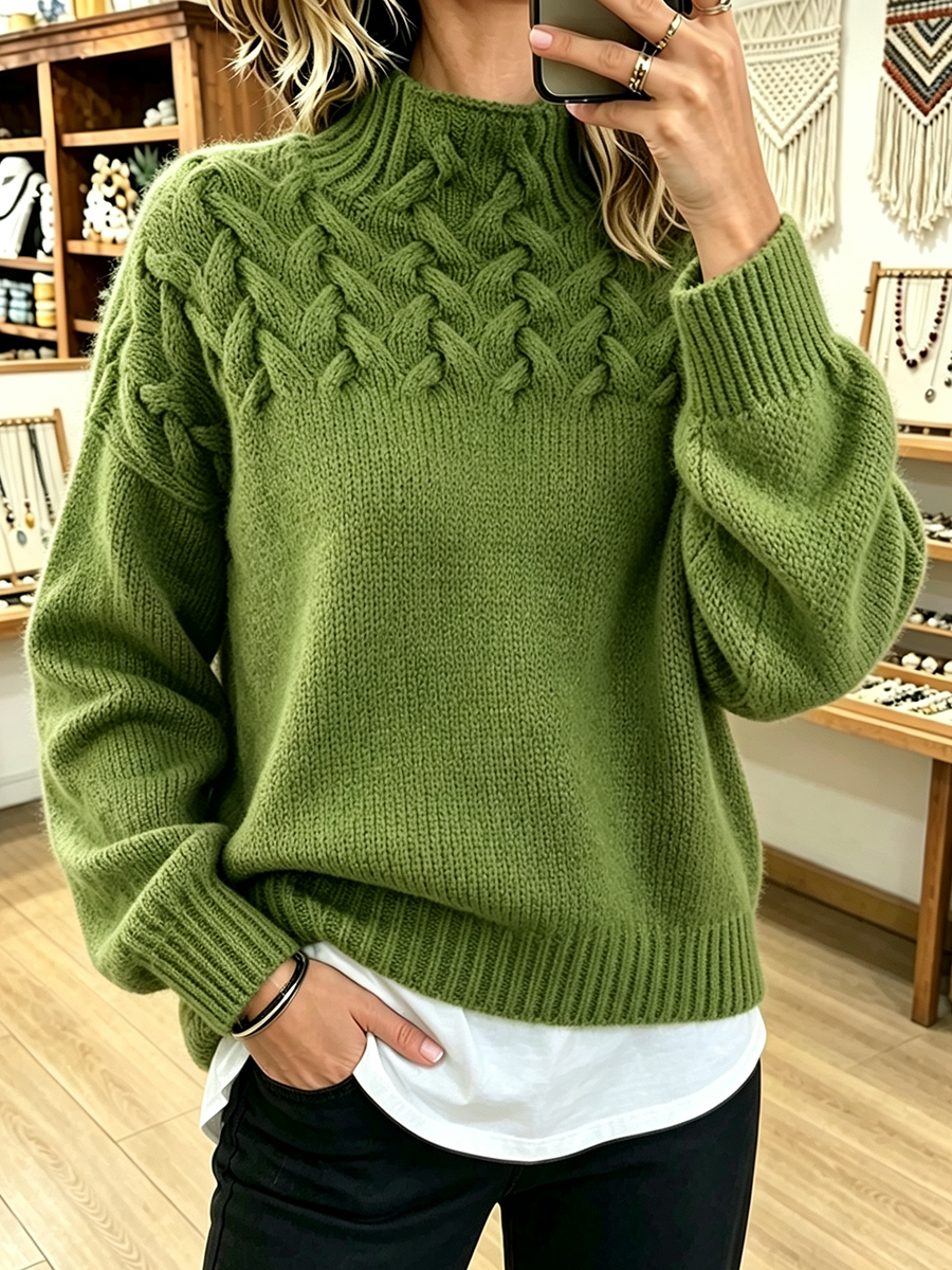 Amelia™ | Chic Cozy Basketweave Cable-knit Mock Neck Sweater