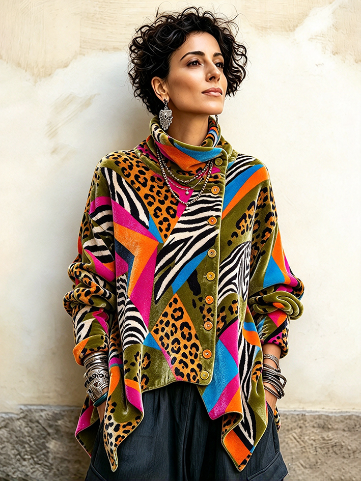 Carol | Cozy Bohemian Colorful Animal Print Velvet Top