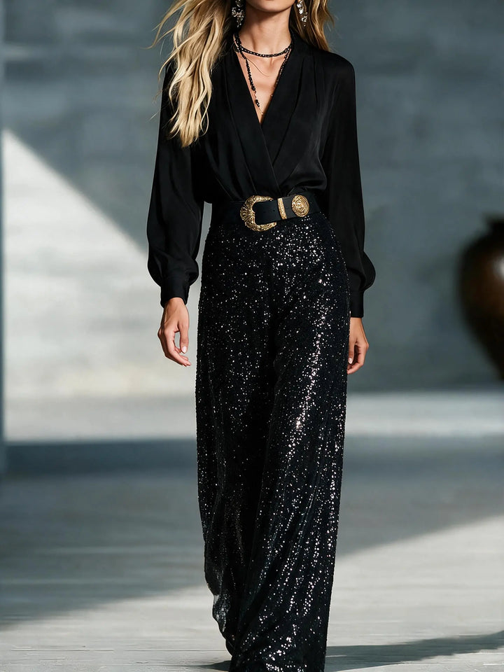Mirelle™ | Sequin V-Neck Belted Evening Jumpsuit