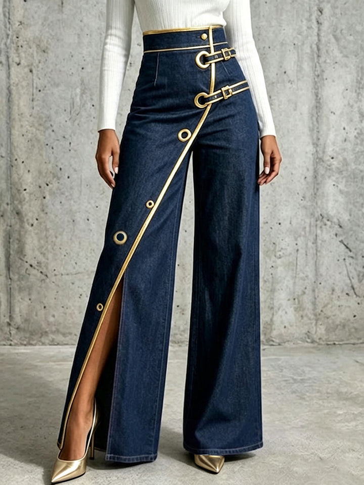 Dahlia™ | Gold Piping Straight-Leg Denim Jeans