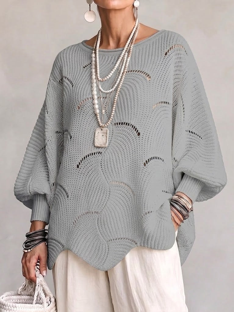 Esme™ | Openwork Wave Lantern Sleeve Knit Top