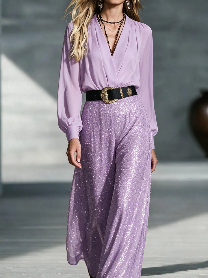 Mirelle™ | Sequin V-Neck Belted Evening Jumpsuit
