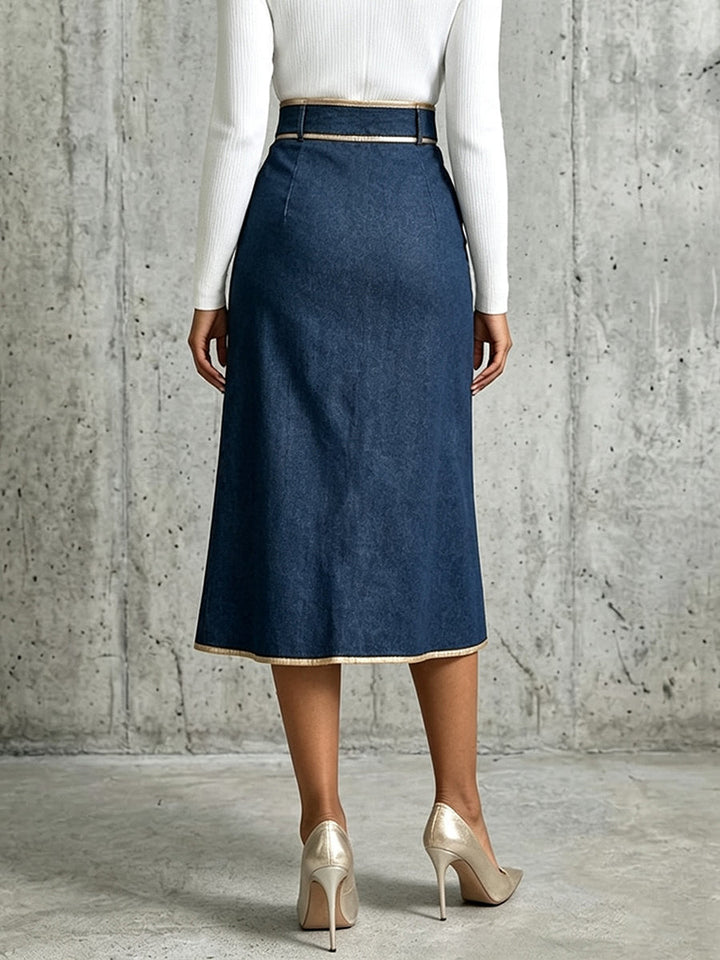 Penelope™ | Chic And Refined Denim Midi Skirt With Gold Piping.
