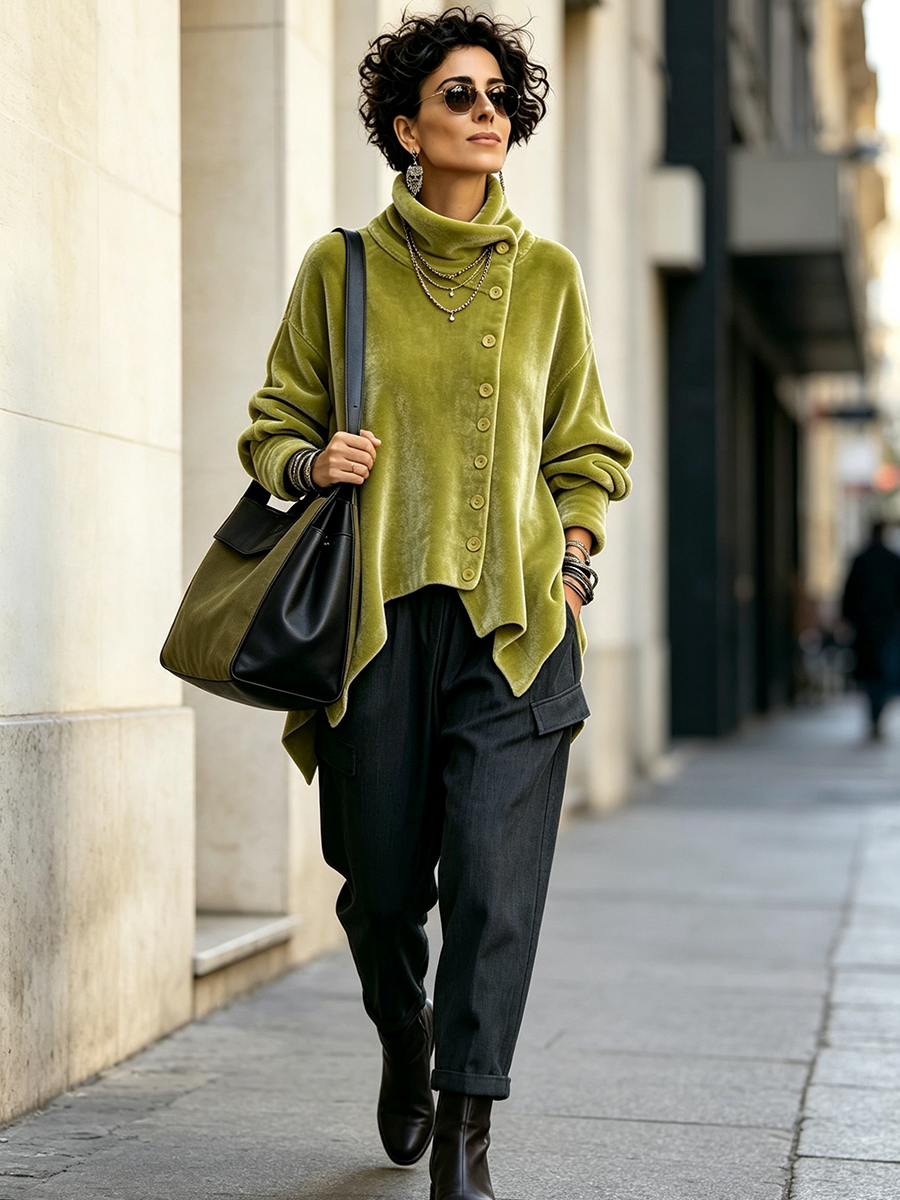 Deborah | Chic Velvet Asymmetric Button Turtleneck Top