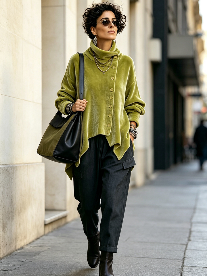 Deborah | Chic Velvet Asymmetric Button Turtleneck Top