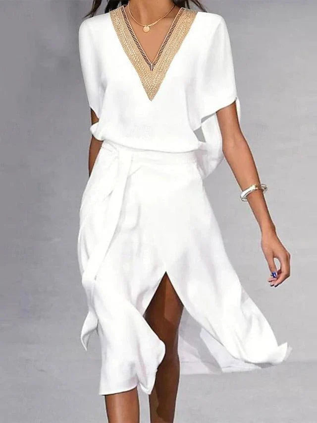 Analia™ | Elegant V Neck Wrap Midi Dress