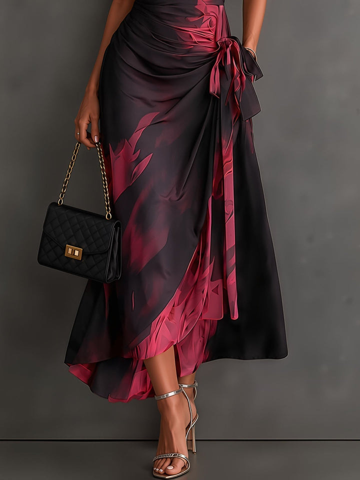 Red and Black Abstract Print Wrap Midi Dress