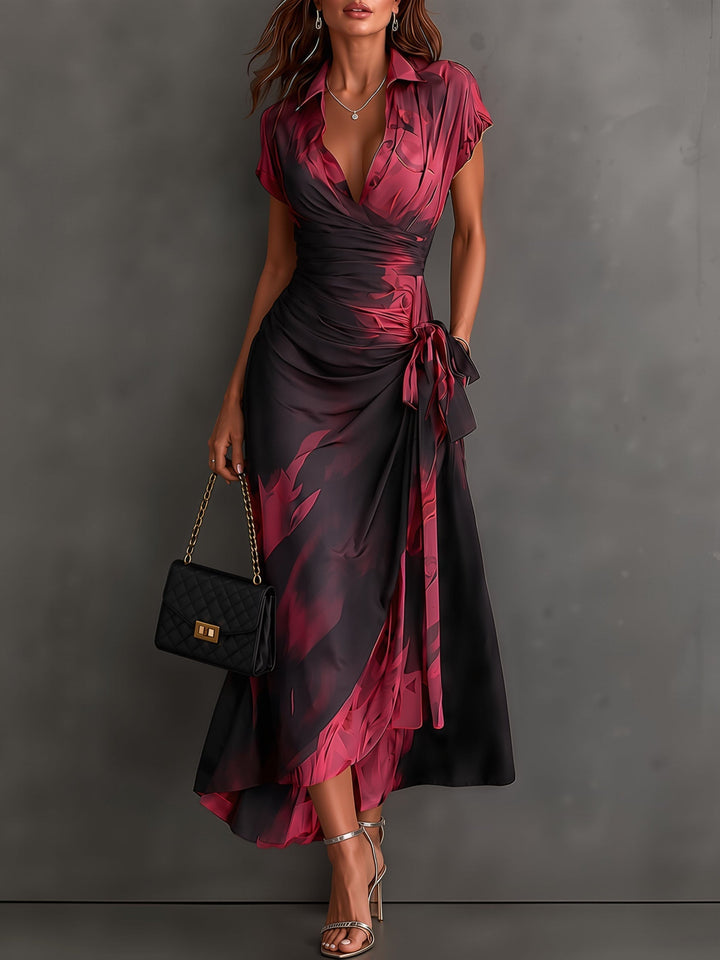 Red and Black Abstract Print Wrap Midi Dress
