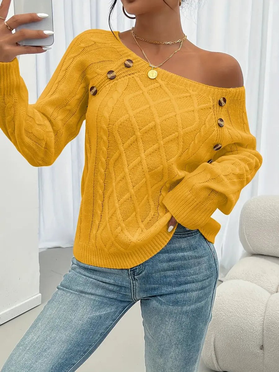 Penelope | Women's Cable Knit Sweater Raglan-Sleeve Button-Detail Pullover