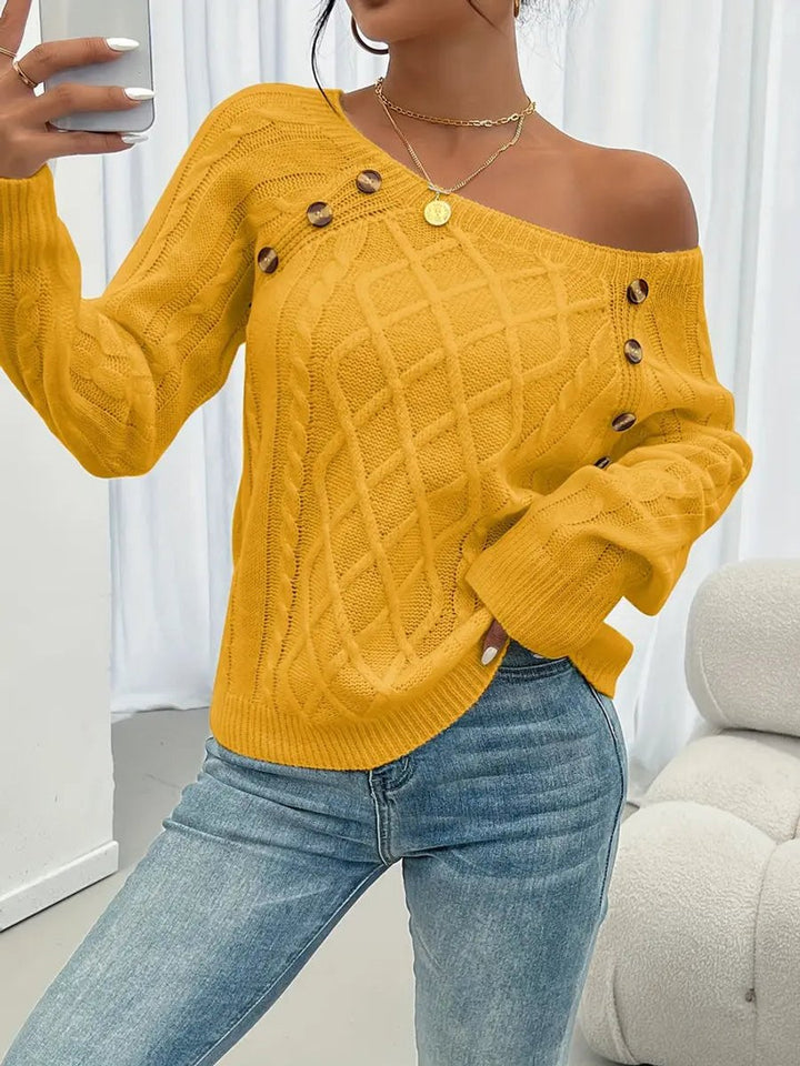 Penelope | Women's Cable Knit Sweater Raglan-Sleeve Button-Detail Pullover