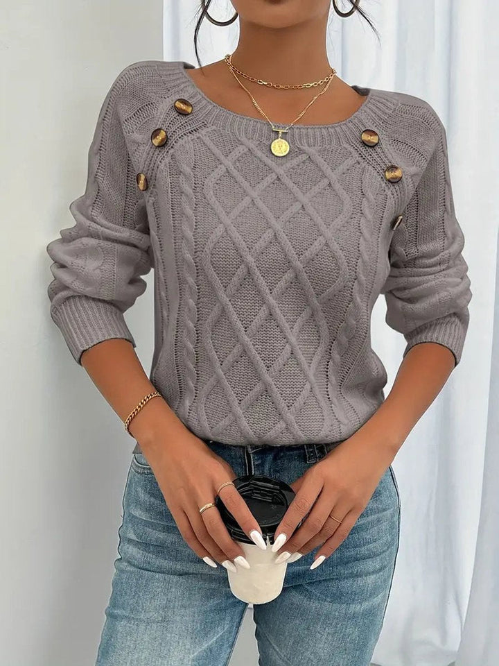 Penelope - Women's Cable Knit Sweater Raglan-Sleeve Button-Detail Pullover