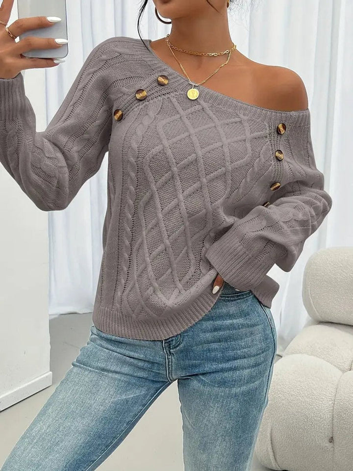Penelope - Women's Cable Knit Sweater Raglan-Sleeve Button-Detail Pullover