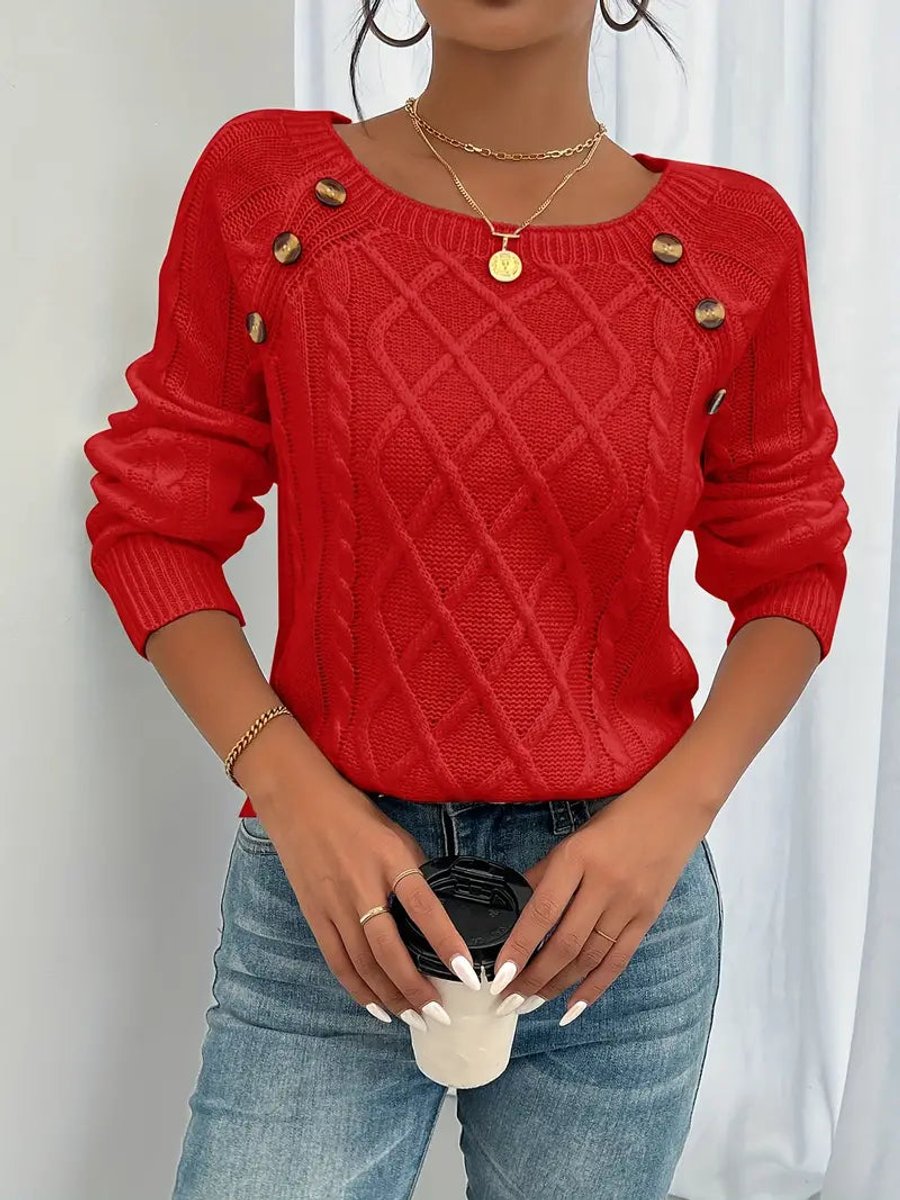 Penelope - Women's Cable Knit Sweater Raglan-Sleeve Button-Detail Pullover