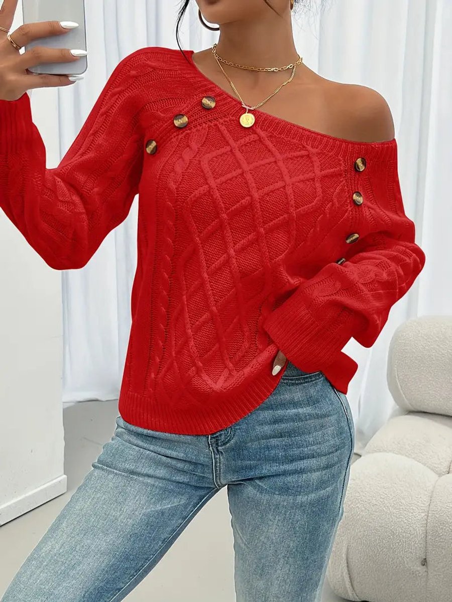 Penelope - Women's Cable Knit Sweater Raglan-Sleeve Button-Detail Pullover