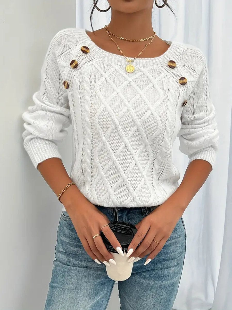 Penelope - Women's Cable Knit Sweater Raglan-Sleeve Button-Detail Pullover