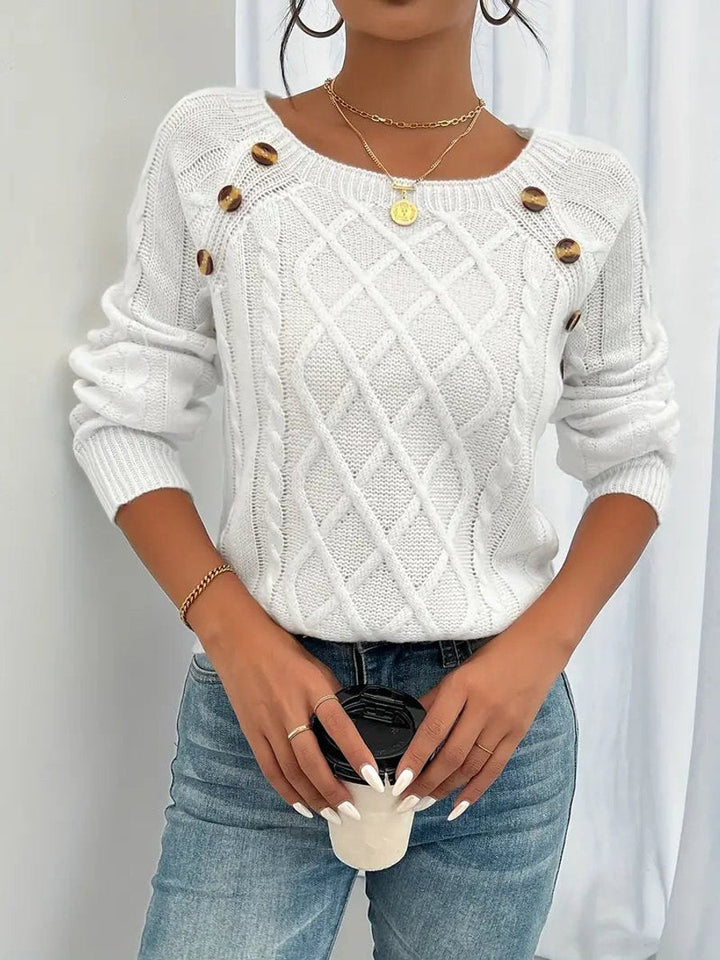 Penelope - Women's Cable Knit Sweater Raglan-Sleeve Button-Detail Pullover