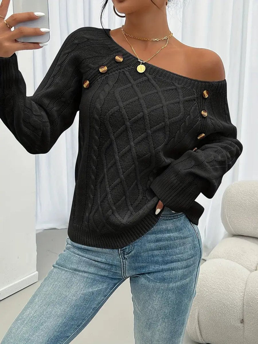 Penelope | Women's Cable Knit Sweater Raglan-Sleeve Button-Detail Pullover