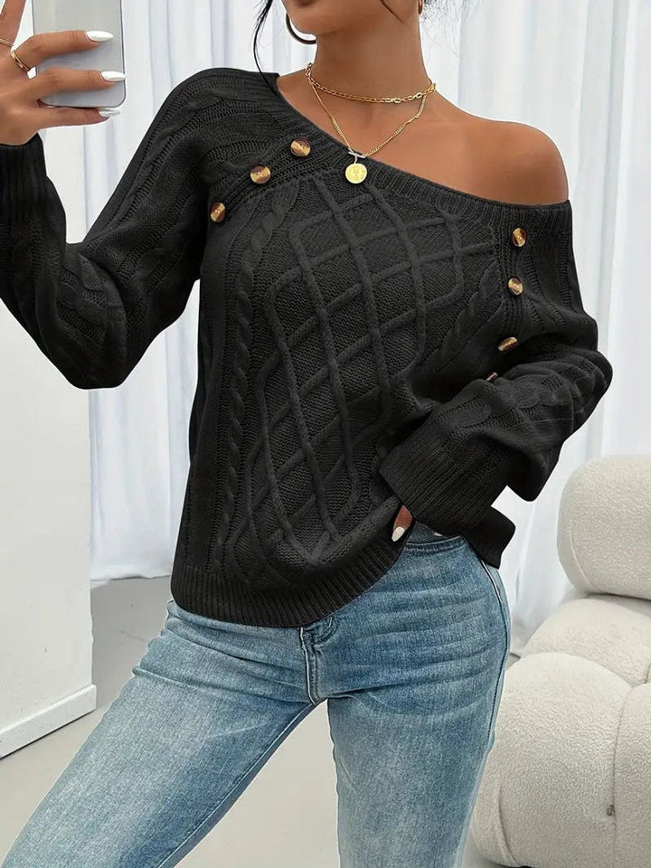 Penelope - Women's Cable Knit Sweater Raglan-Sleeve Button-Detail Pullover