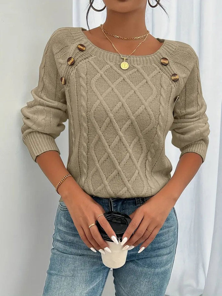 Penelope - Women's Cable Knit Sweater Raglan-Sleeve Button-Detail Pullover