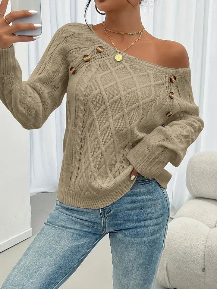 Penelope - Women's Cable Knit Sweater Raglan-Sleeve Button-Detail Pullover