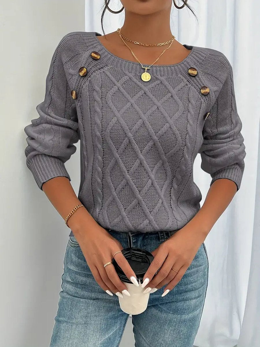 Penelope - Women's Cable Knit Sweater Raglan-Sleeve Button-Detail Pullover