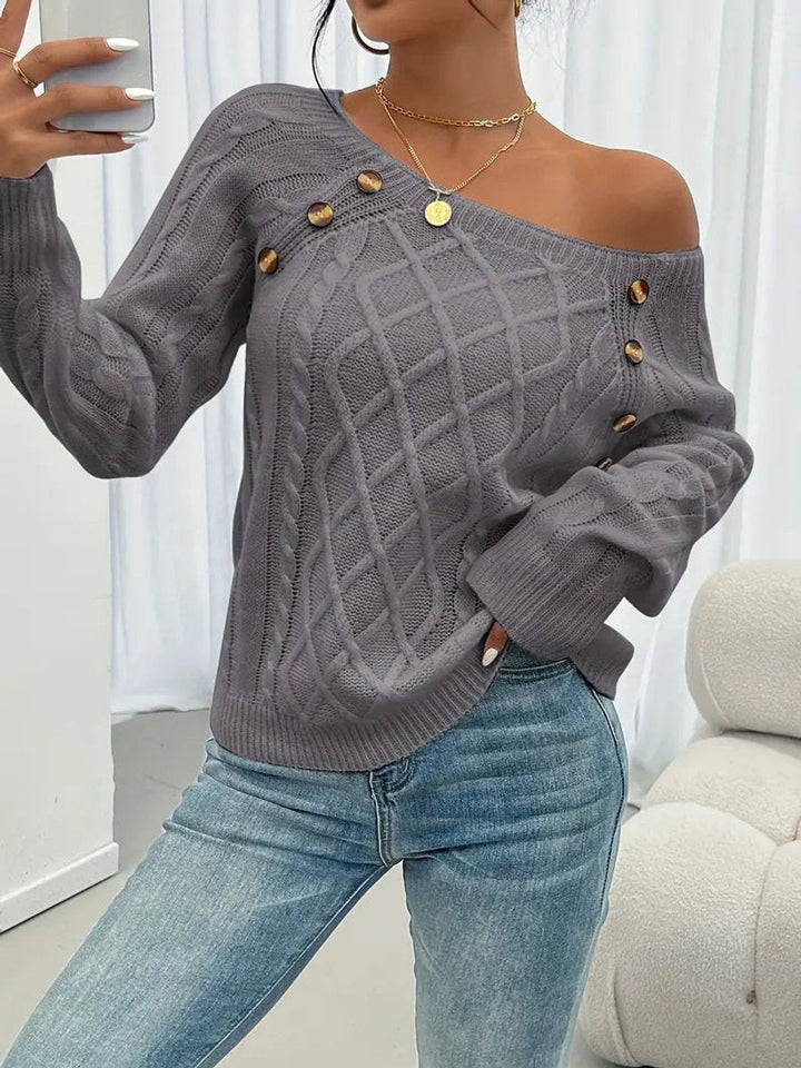Penelope - Women's Cable Knit Sweater Raglan-Sleeve Button-Detail Pullover