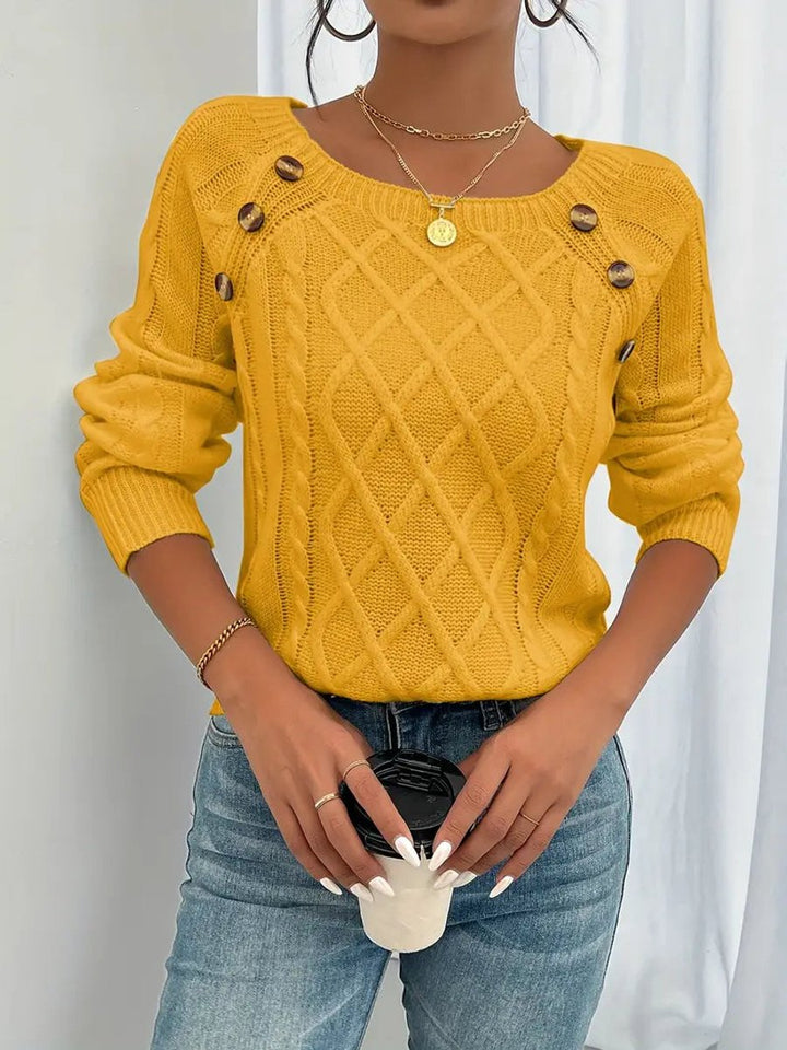 Penelope - Women's Cable Knit Sweater Raglan-Sleeve Button-Detail Pullover