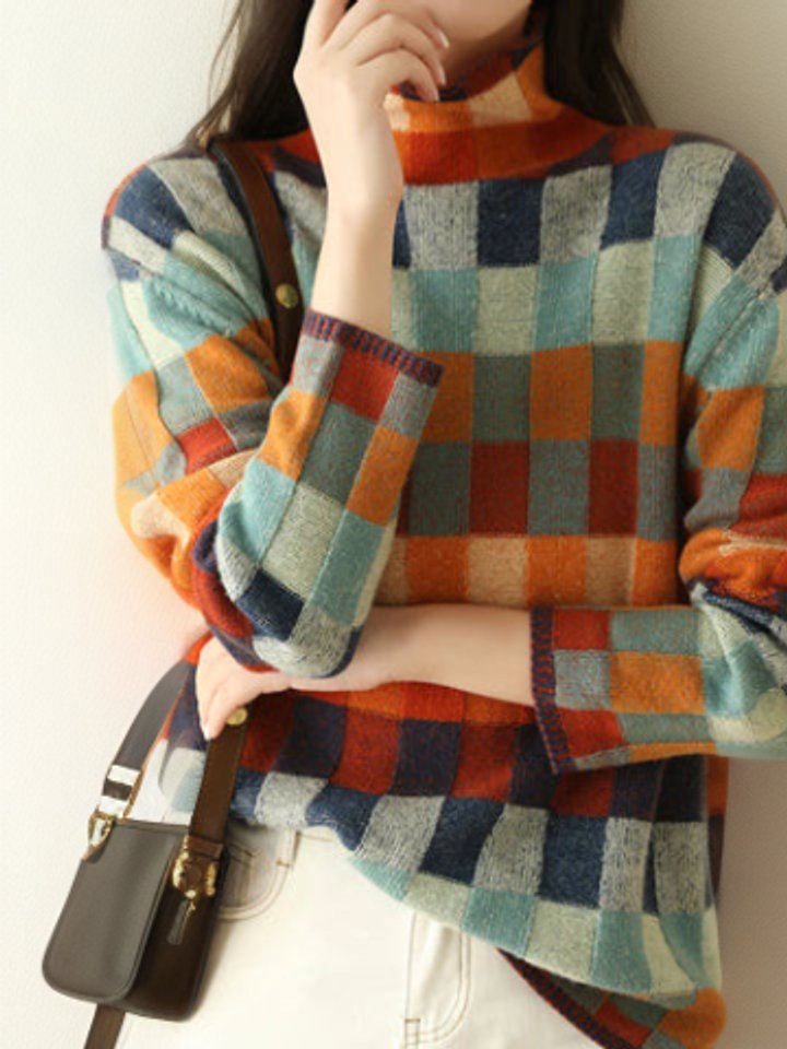 Madison - Women's Colorblock Turtleneck Knit Sweater Relaxed Pullover