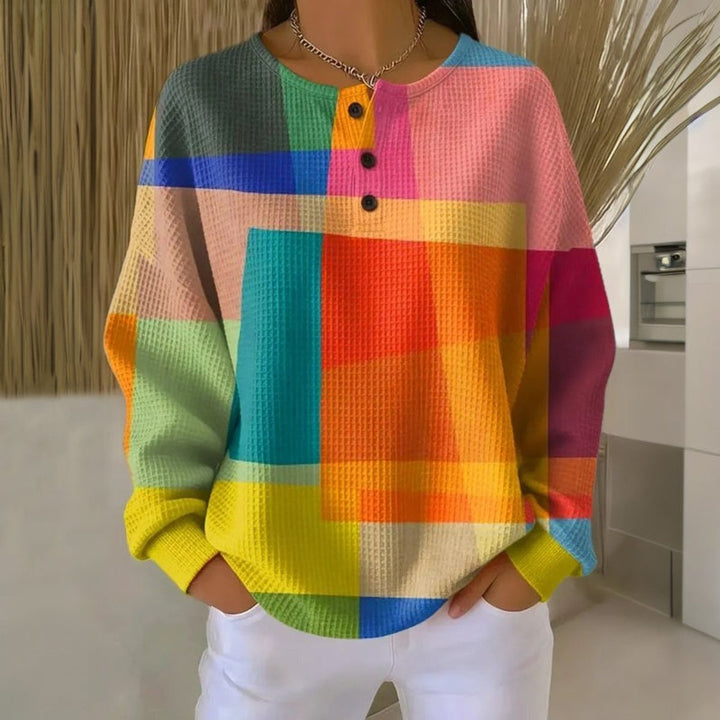Emma | Women's Colorblock Waffle-Knit Long Sleeve Henley Sweater