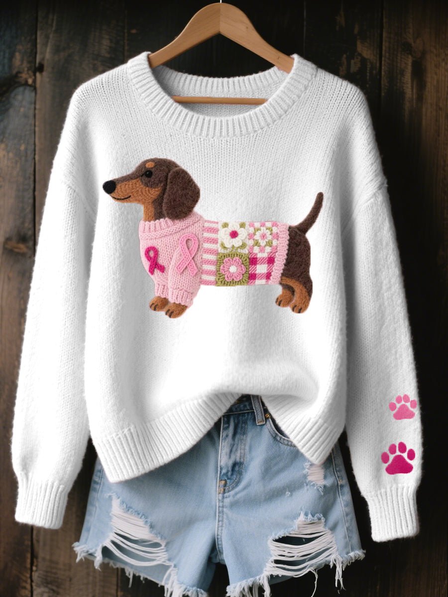 Layla | Women's Dachshund Patchwork Crewneck Knit Sweater