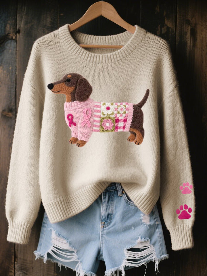 Layla | Women's Dachshund Patchwork Crewneck Knit Sweater