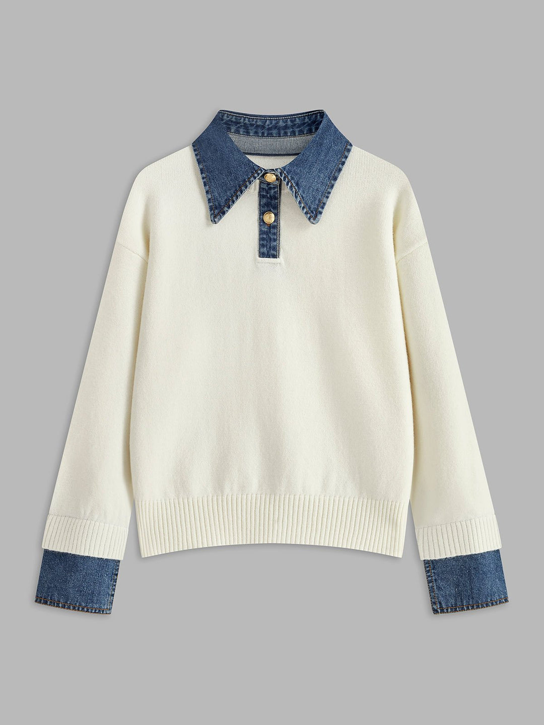 Mia - Women's Denim-Collar Knit Polo Sweater