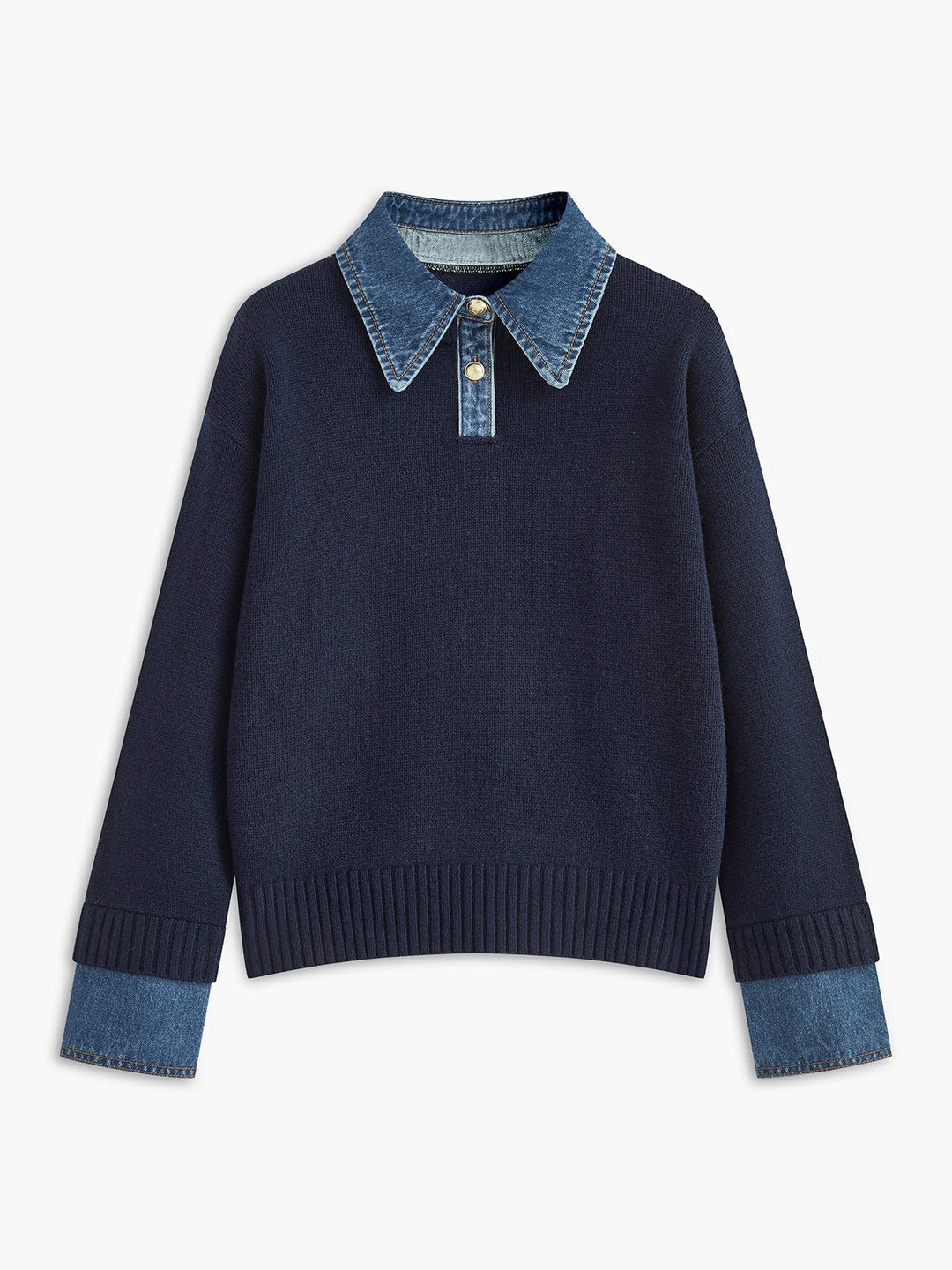 Mia - Women's Denim-Collar Knit Polo Sweater