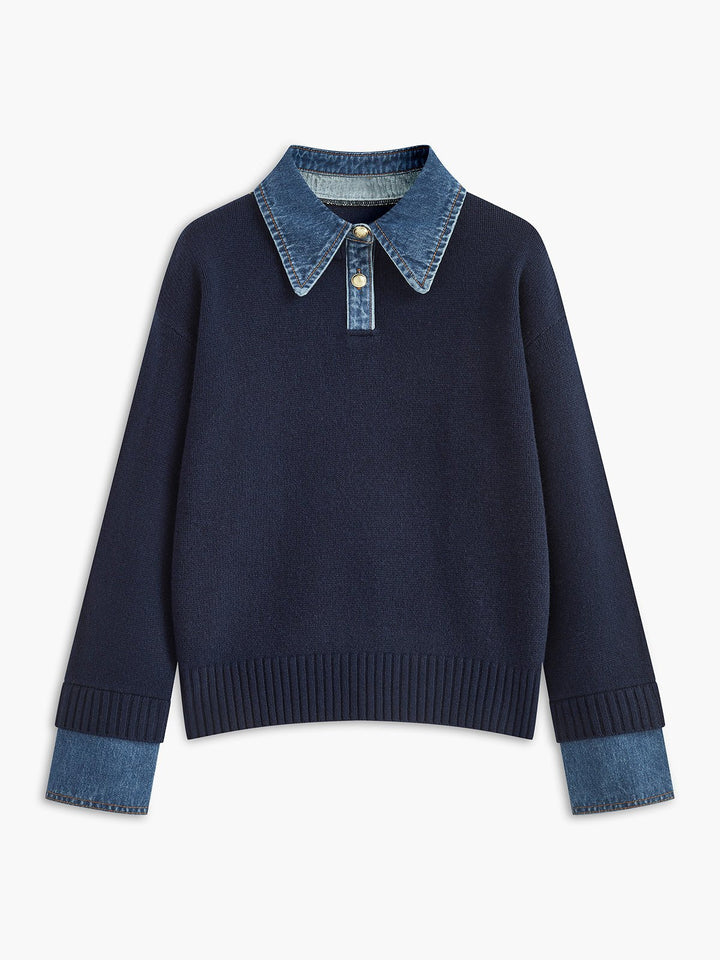 Mia - Women's Denim-Collar Knit Polo Sweater