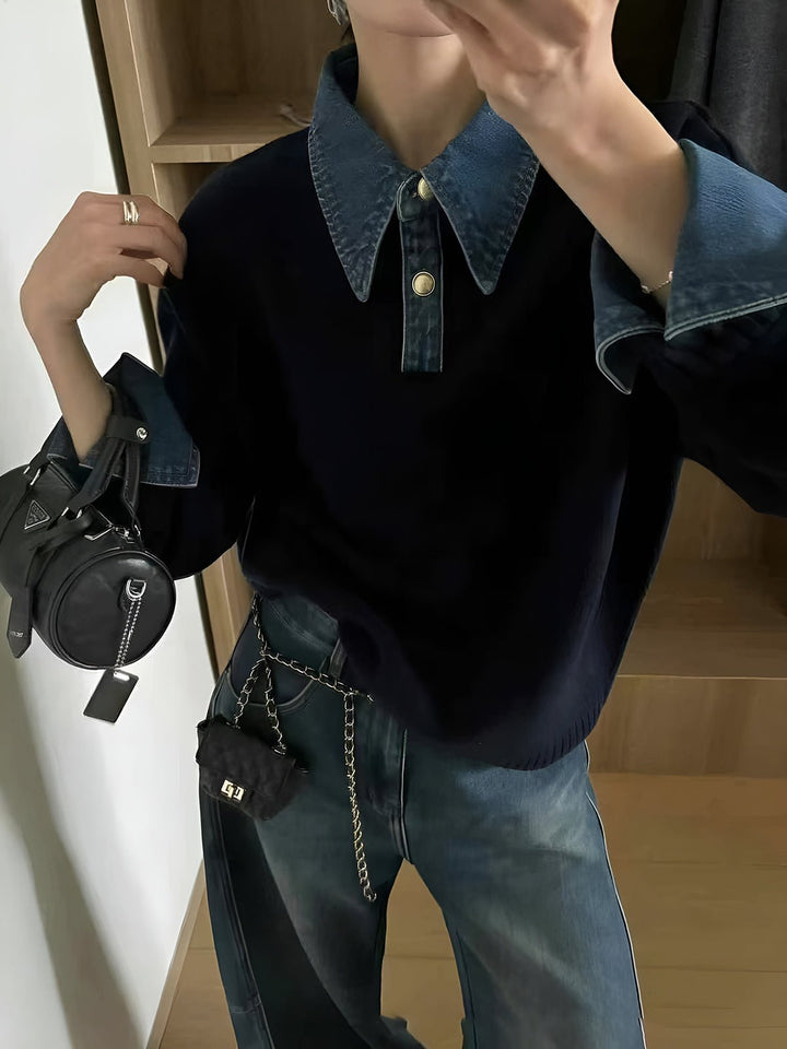 Mia - Women's Denim-Collar Knit Polo Sweater