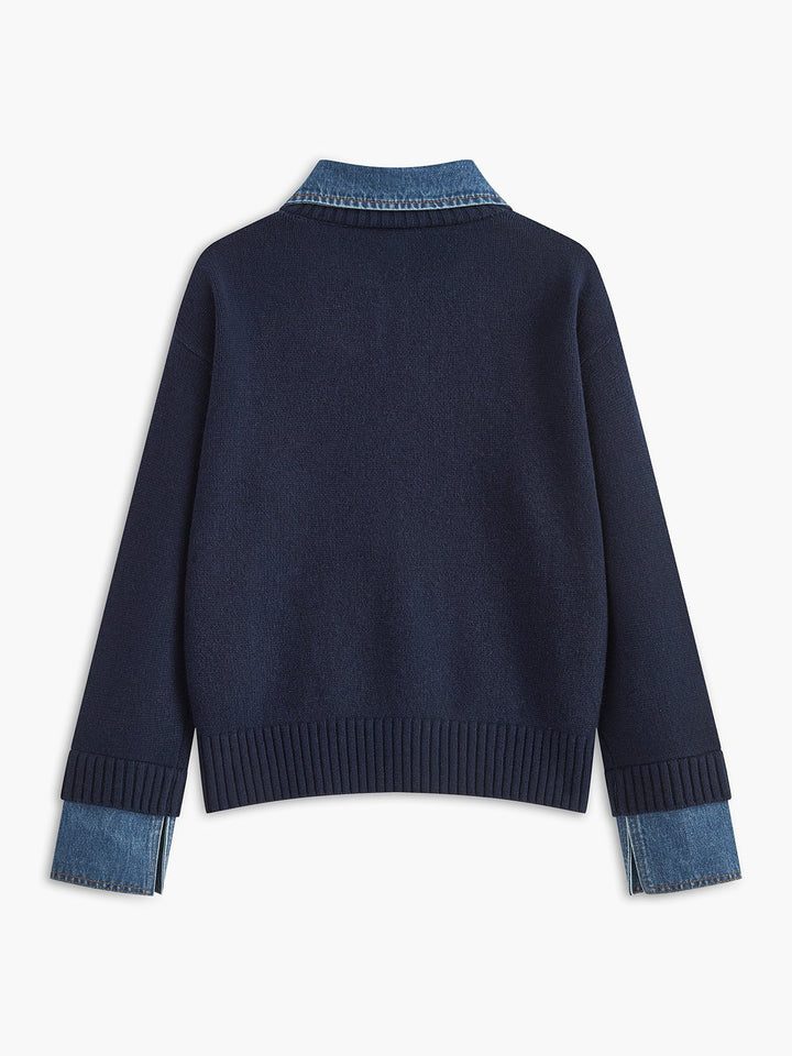 Mia - Women's Denim-Collar Knit Polo Sweater