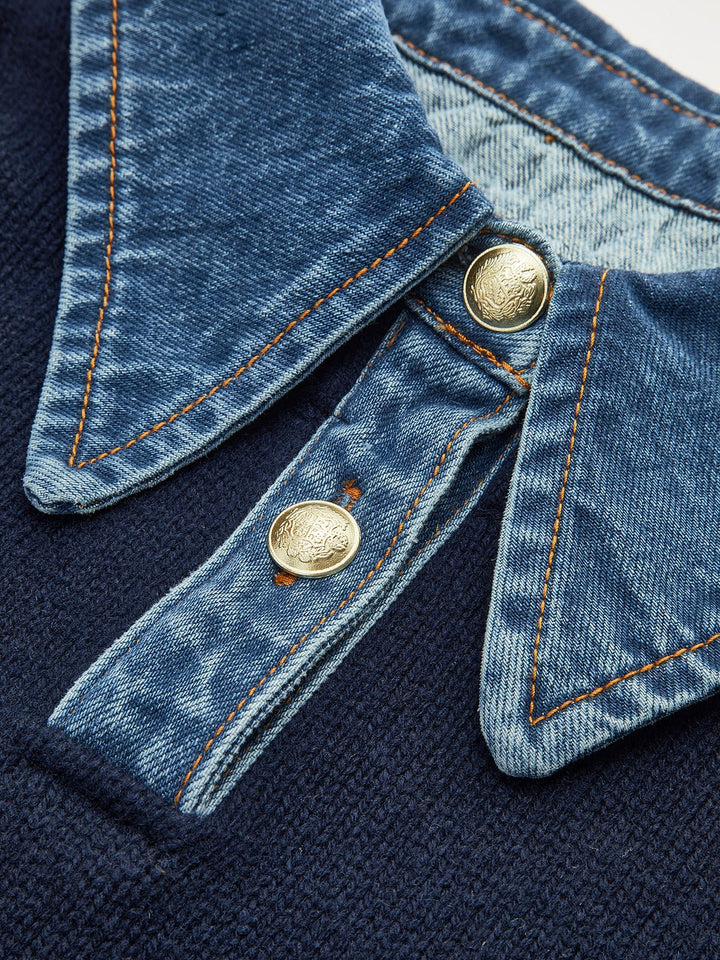Mia - Women's Denim-Collar Knit Polo Sweater