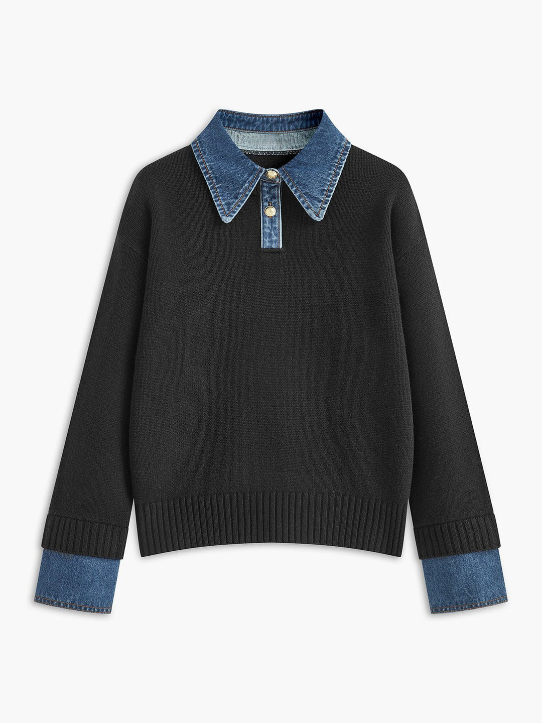 Mia - Women's Denim-Collar Knit Polo Sweater