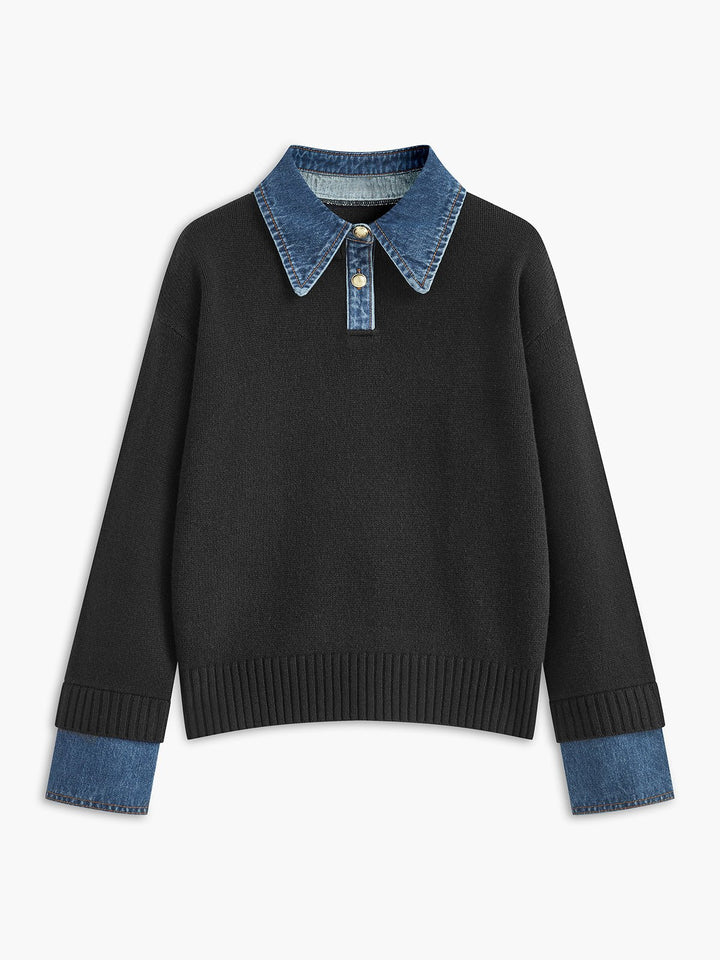 Mia - Women's Denim-Collar Knit Polo Sweater